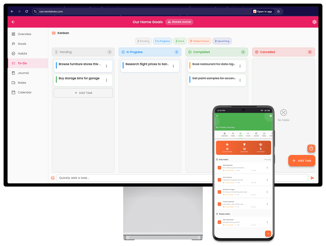 CEO on desktop and mobile: Kanban task board and habit tracker