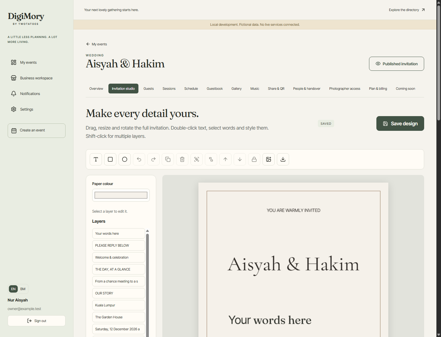 DigiMory invitation studio development preview with object tools, a layer list and an editable wedding invitation
