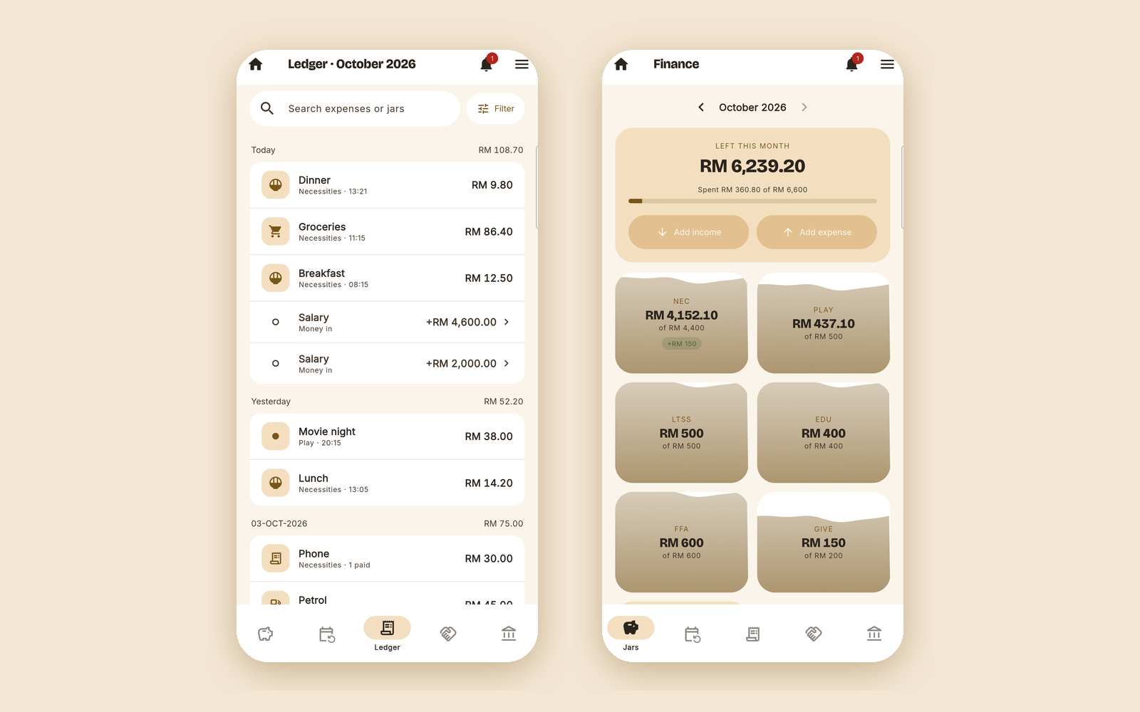 The ledger of every expense and income, beside the money jars