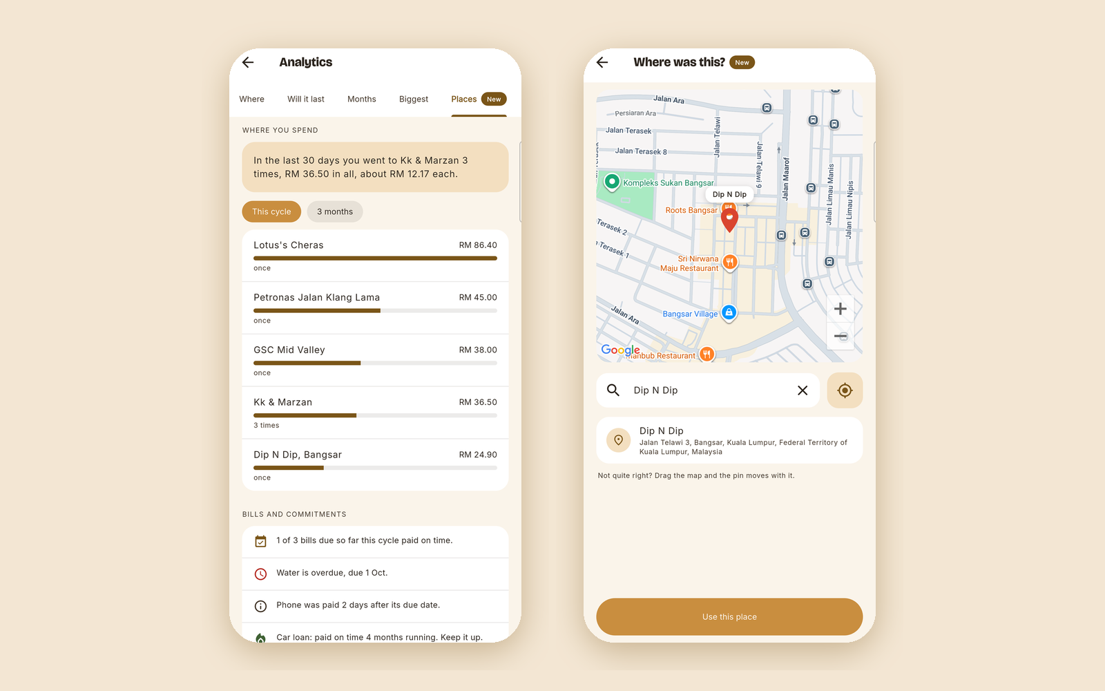 Analytics showing where the household spends, beside picking a place on a map